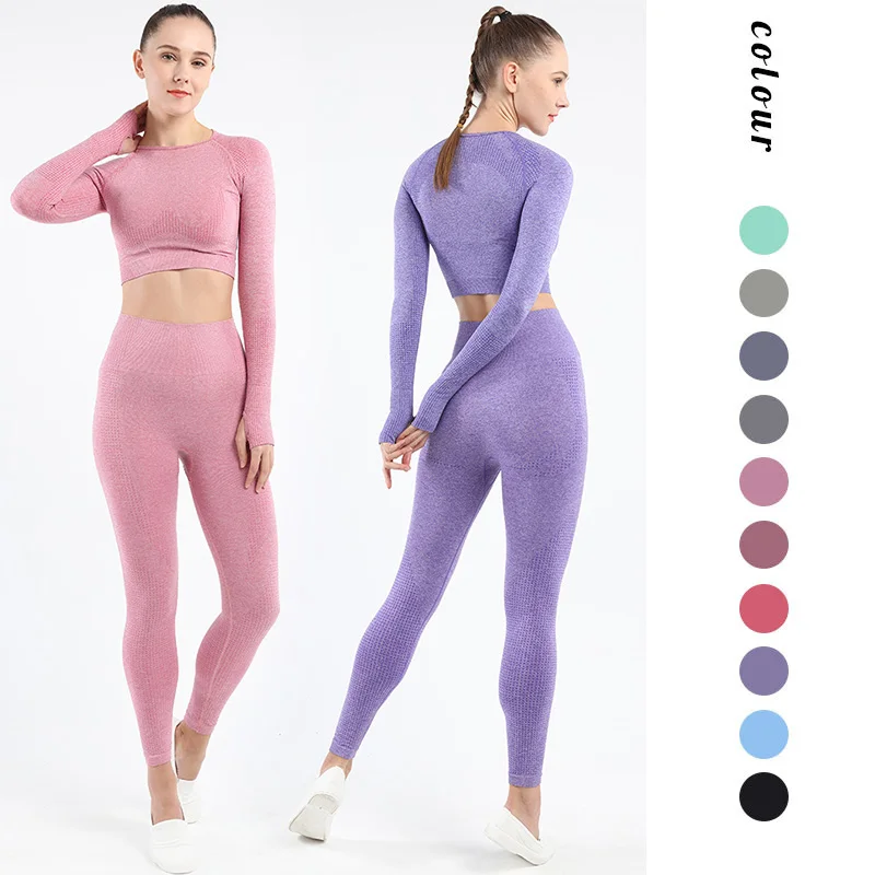 

Women 2PCS Seamless Yoga Set For Fitness Workout Clothing Sportswear Sport Suit Gymwear High Waist Leggings Long Sleeve Gym Top