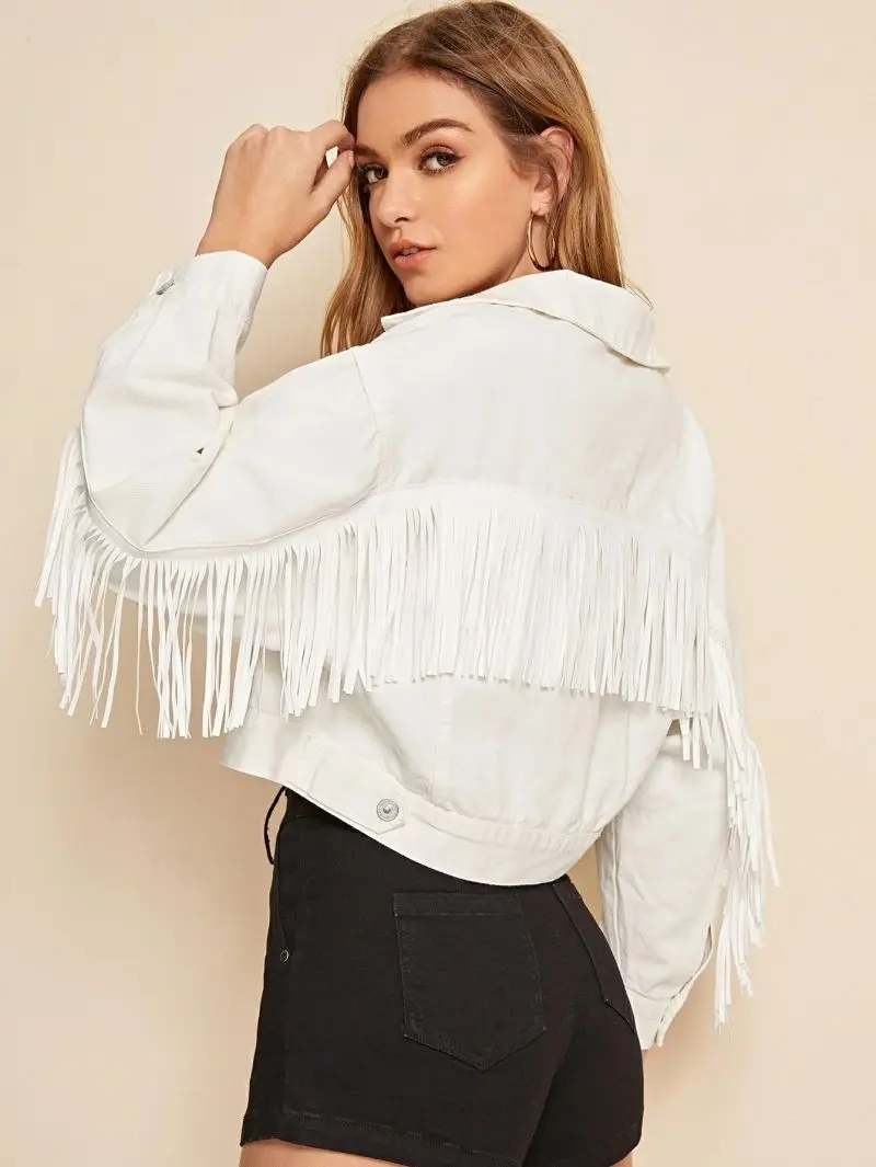 

Women White Tassel Short Jackets Short Denim Jackets Spring 2021 Ladies Solid Fringed Casual Coat Ladies Short Style Tops Y2K