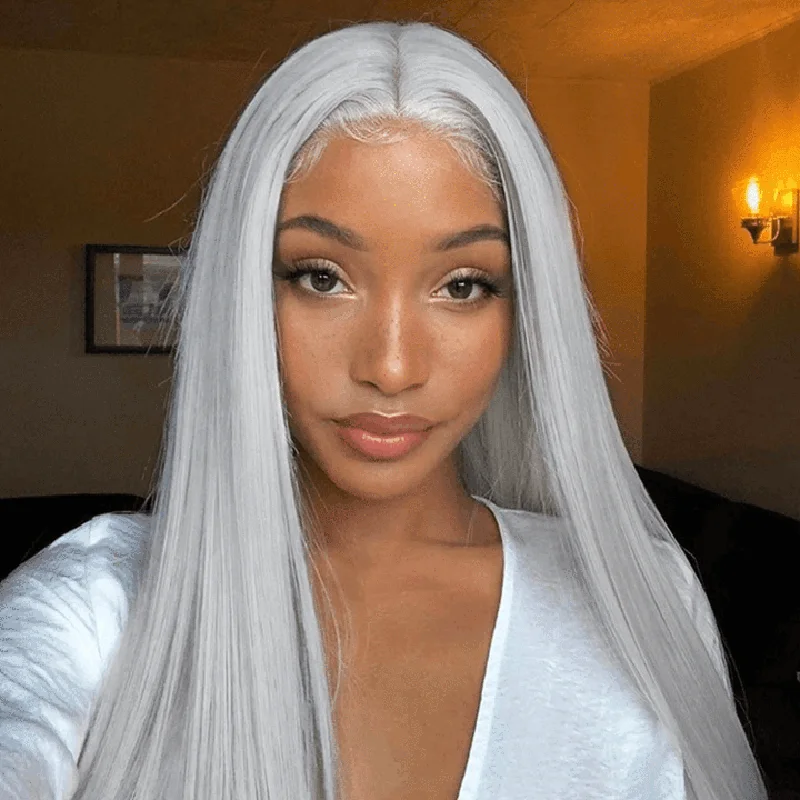 

Silver Grey Lace Closure Human Hair Wigs Brazilian Straight Remy Pre Plucked Lace Wig For Women 150% Density 4x4 Bob Wig SOKU