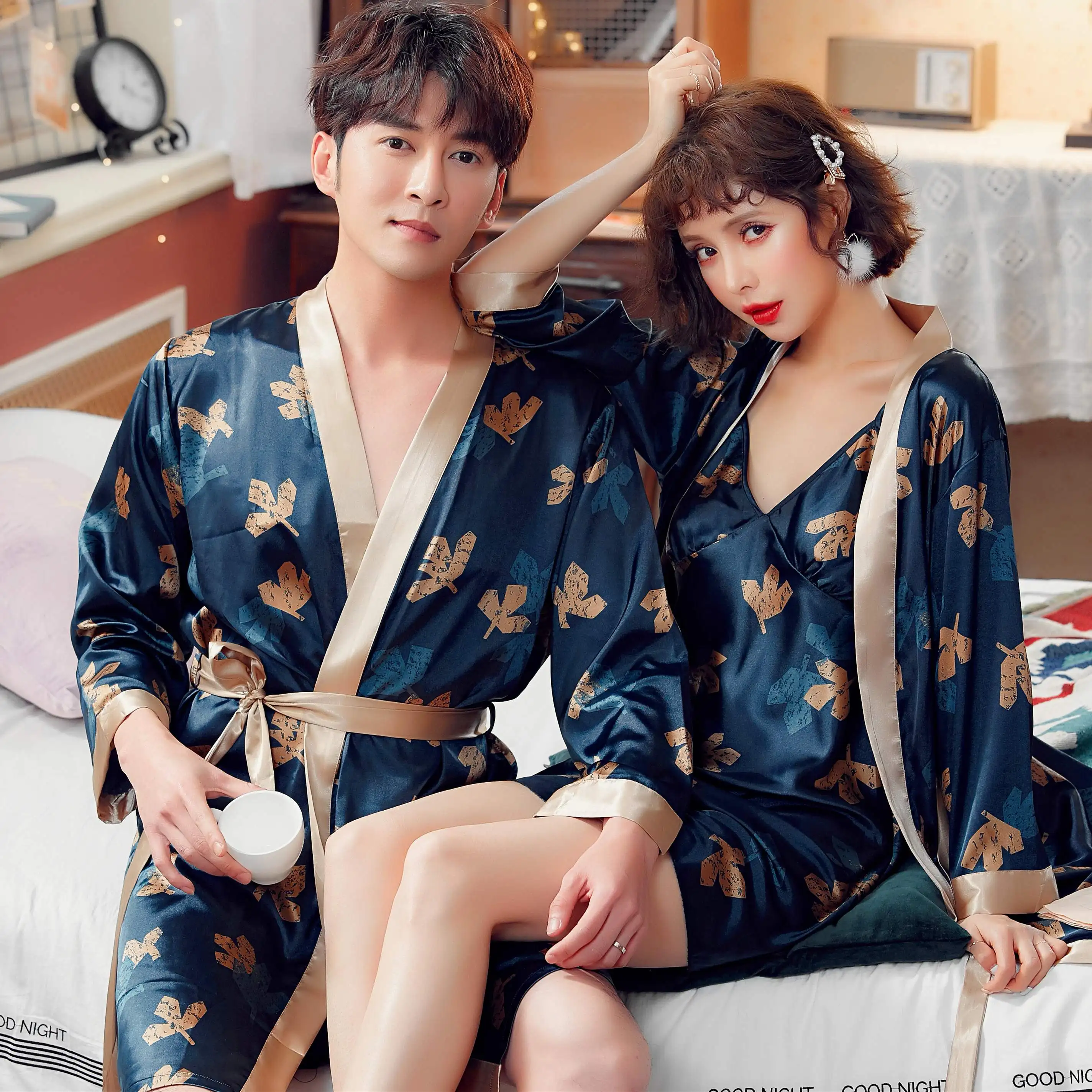 Luxury Print Men's Silk Kimono Robe Hotel Spa Shower Vacation Long Sleeve Sleepwear Bathrobe Wedding Satin Nightgown Summer