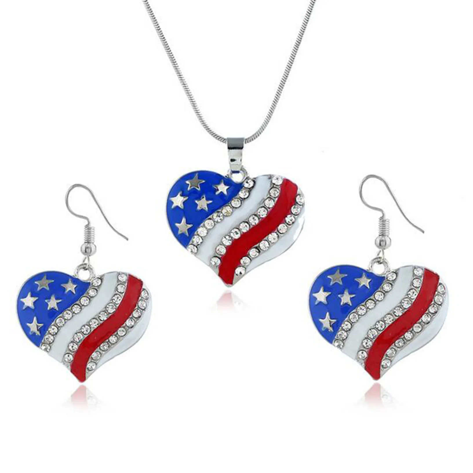 

American Flag Color Crystal Heart Pendant Necklaces Girls Link Chain Necklace Kids Jewelry Party Gift 4th of July