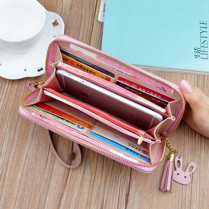 

Women's Fashion Zipper Closure Spliced Wrist Strap Printing Wallet New Elegant Phone Coin Long Purse Card Holder For Girls