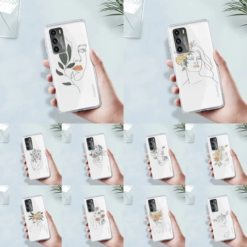 

Art Retro Geometry leaves Phone Case Transparent For Huawei MATE P 40 30 20 10 pro plus lite X 5G Soft TPU Clear Mobile bags