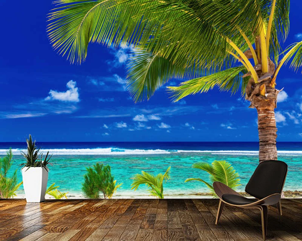 

Papel de parede морское и голубое небо пальмы пляж природный пейзаж 3d обои роспись, гостиной ТВ стены спальни домашний декор