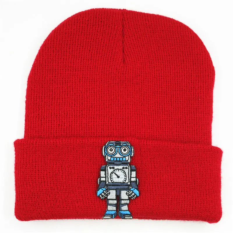 

2020 Cartoon Robot Embroidery Thicken Knitted Hat Winter Warm Hat Skullies Cap Beanie Hat for Men and Women 369