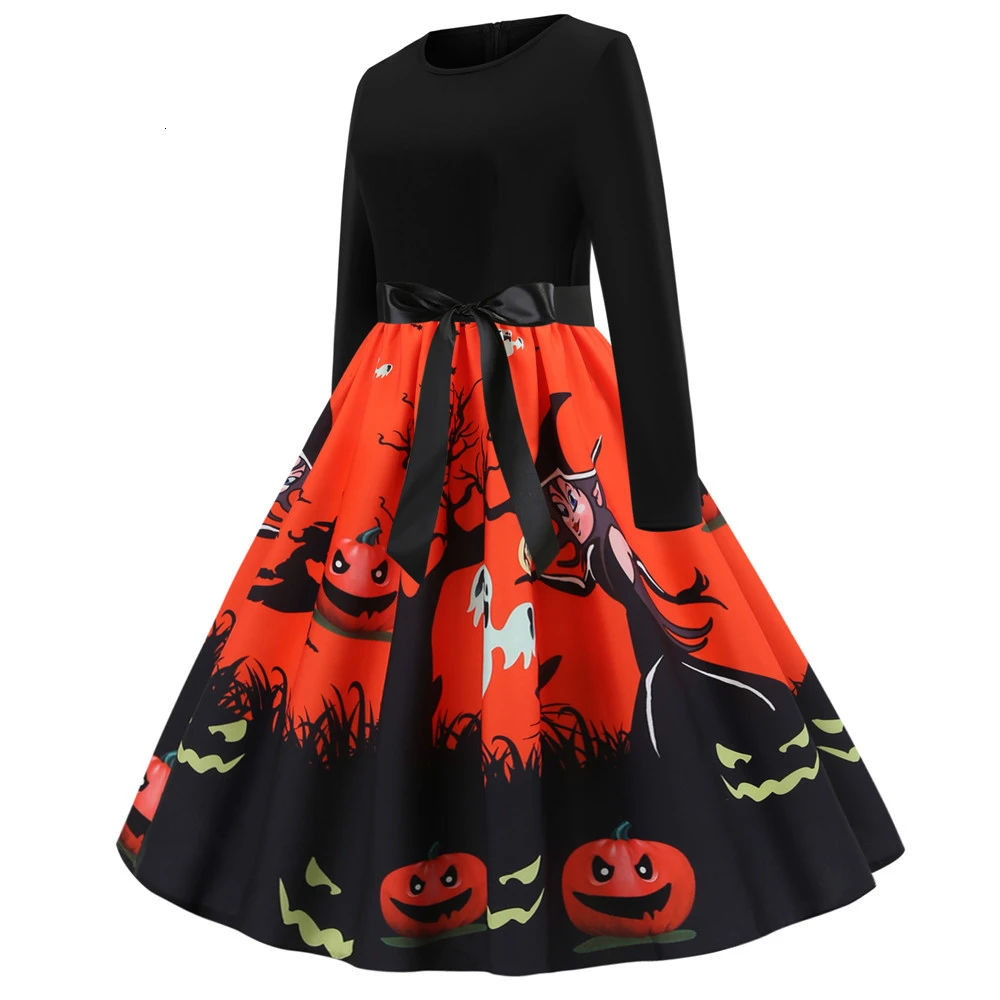 Halloween Dress Summer 2019 New Cartoon Skull Pumpkin Print Long Sleeve Nightmare Before Christmas Robe Vintage Dresses Pinup | Женская