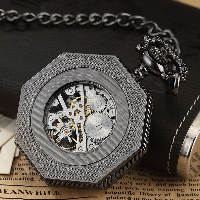 Gold Mechanical Pocket Watch for Men Antique Steampunk Skeleton Roman Numeral Fob Chain Pendant Hand Winding montre de poche