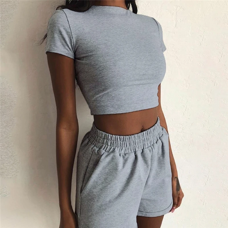 

2 Piece Set Women Summer O-Neck Casual Crop Top 2021 Female Clothing Tracksuit Pockets Loose Shorts Two Piece