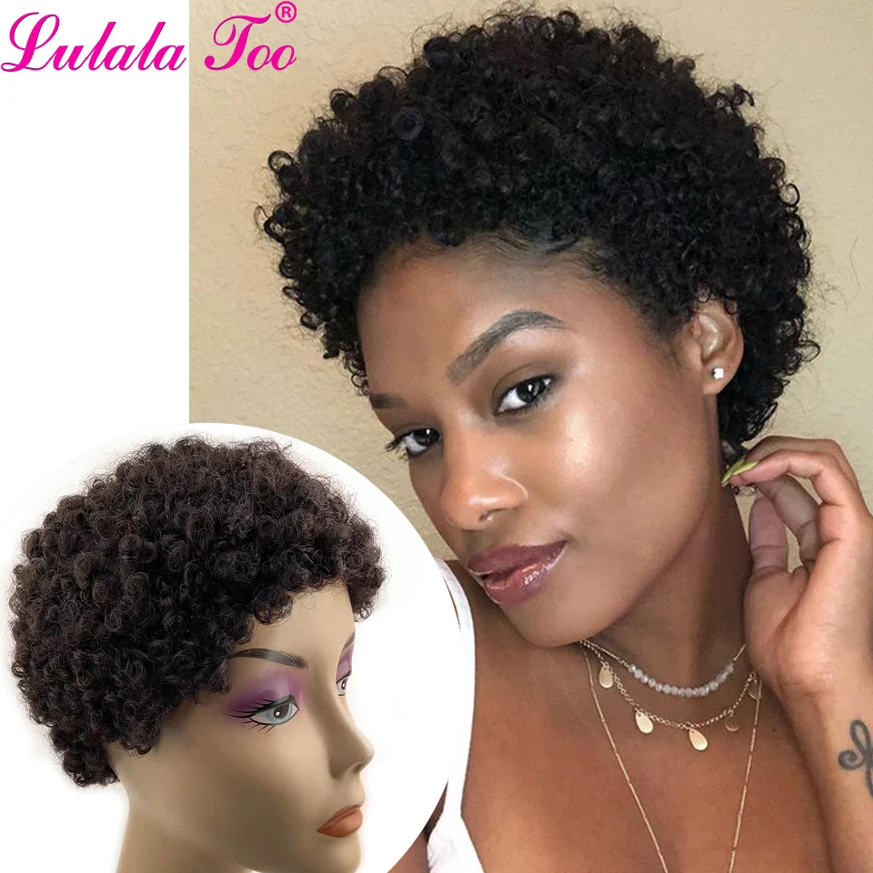 

Короткие вьющиеся парики из человеческих волос для черных женщин, короткий парик с вырезом фея, бразильские волосы без повреждений, спираль...