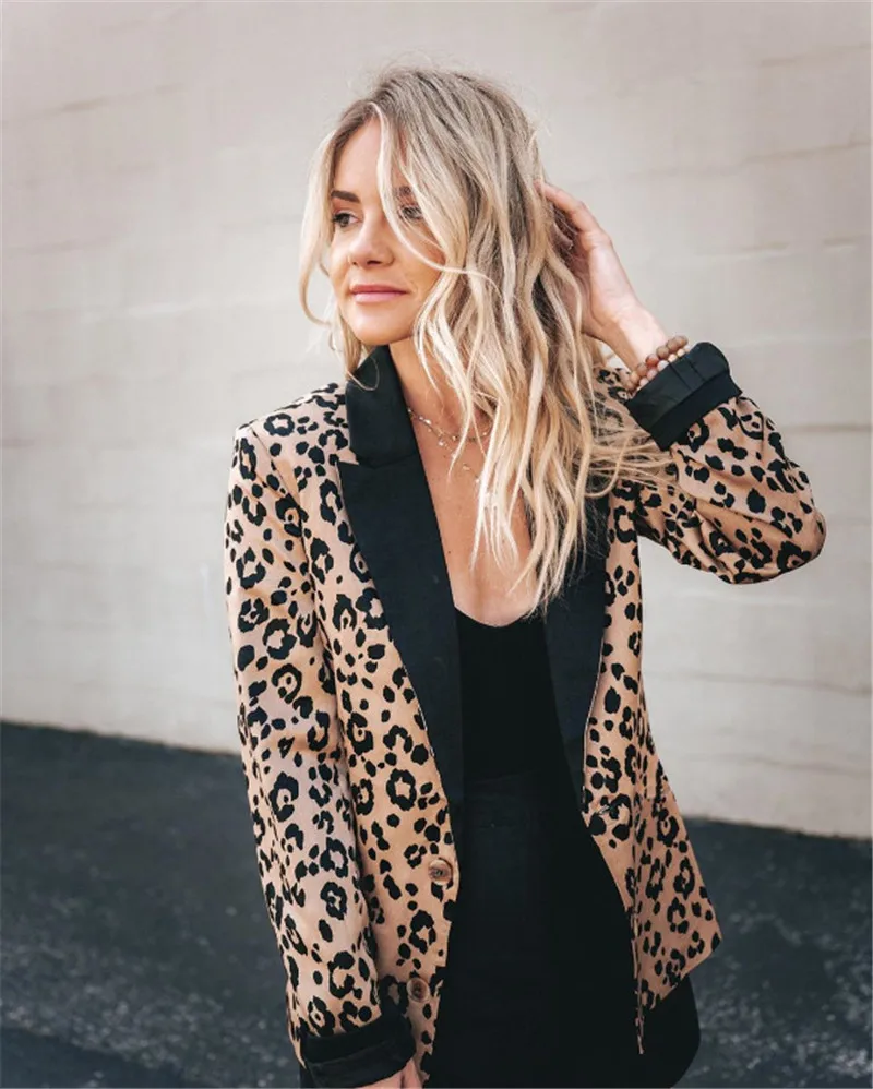 

hirigin Womens Casual Leopard printed Coat Long Sleeve Slim Jacket female fashion Lapel Outwear ladies Blazer pockets new Tops