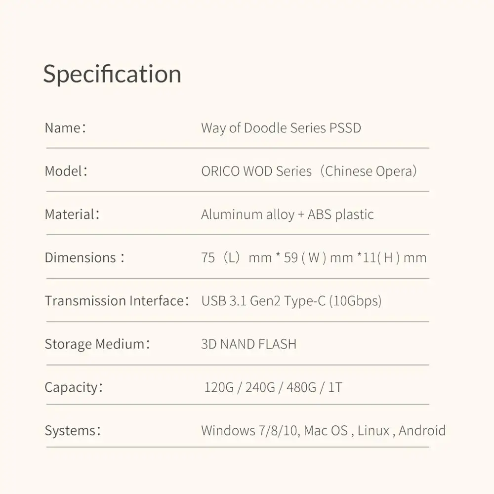 Внешний твердотельный накопитель ORICO 1 ТБ SSD 120 ГБ 240 480 Серии каракули Портативный