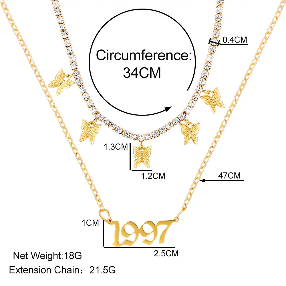 

Golden Multi-layer Cute Butterfly Tennis Choker Necklace For Women 2 Layers Number Pendants Clavicle Chain 2021 Trendy Jewelry
