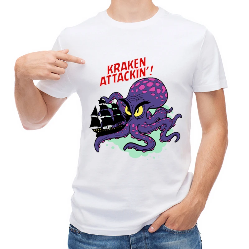 

TEEHUB Fashion Kraken Attacking Ship Men T Shirt Vintage Octopus Printed T-shirt Short Sleeve Casual Tops Boy Tees