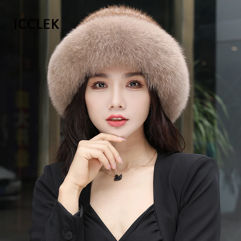Women Real Mink Fur Bomber Hat Winter Genuine Fox Fur Knit Caps Warm Ear Protection Luxury Fluffy Mink Hats Elastic Bowler Hat