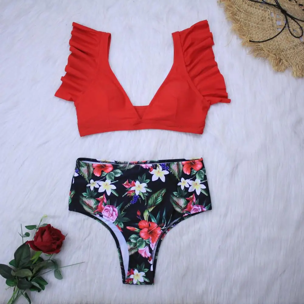 

2021 Sexy One Piece Swimsuit Push Up Swimwear Women Ruffle Adjustable Shoulder printing Swimsuit Bodysuit Bathing Suit Swim Wear