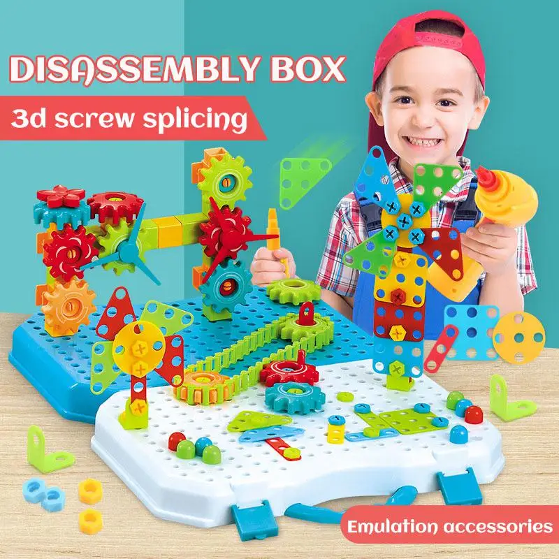 

Drilling Screw 3d Creative Mosaic Toys Children Assembly Building Blocks Kids DIY Electric Drill Set Boy Educational Toolbox Toy