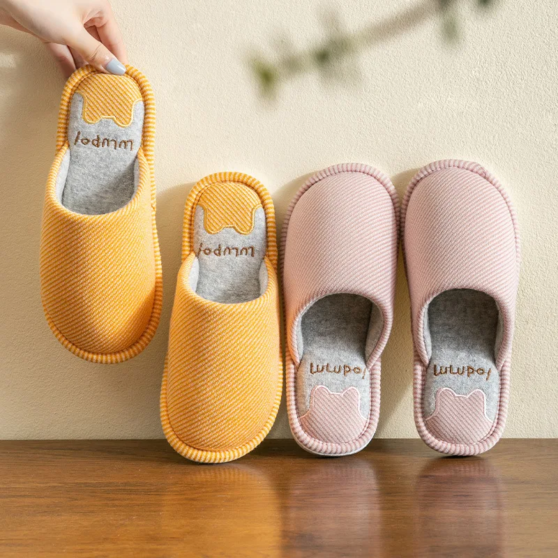 

Women Autumn And Winter Cotton Slipper Home Fabric Lovely Slipper Female And Male Couple Simple Soft Shoes Men Stripe Slipper