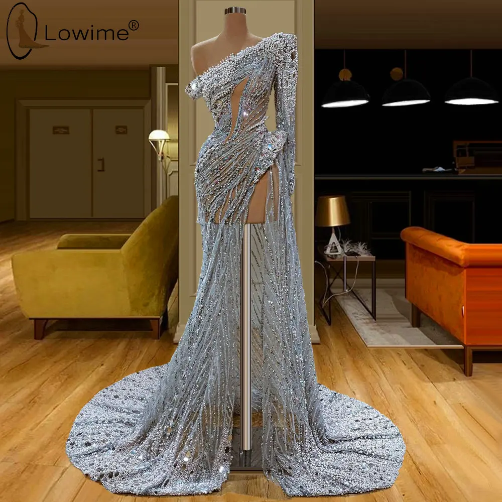 

One Shoulder Illusion Luxury Heavy Beading Mermaid Evening Dresses Kleid Jurken Robes Prom Party Gowns Vestido De Festa