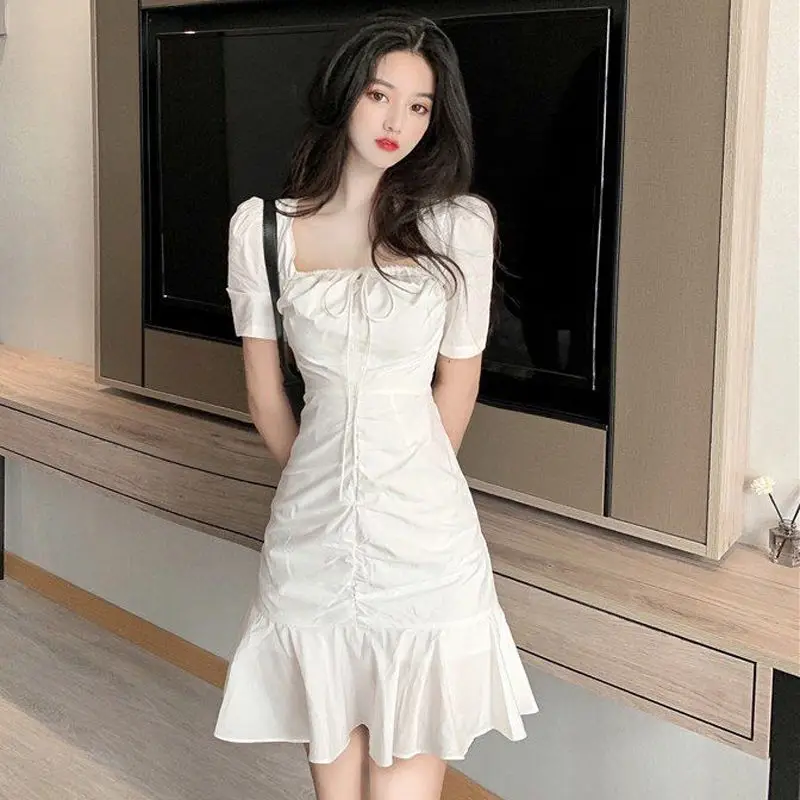 

Summer French Style Short Sleeve Sexy Club Dress Fairy Lacing Ruffled Square Collar Slim Empire Waist Flounce Trumpet Wrap Dress