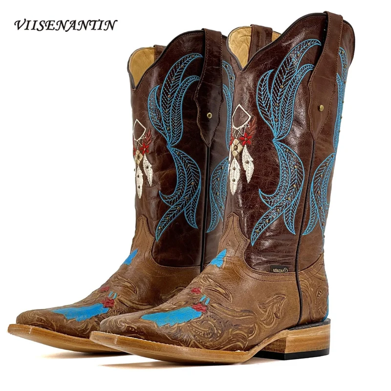 

Embroidered Rivet Mid-heel Western Cowboy Boots Vintage Thick-soled Thick-heeled Casual Mid-tube Handsome Knight Boots Women