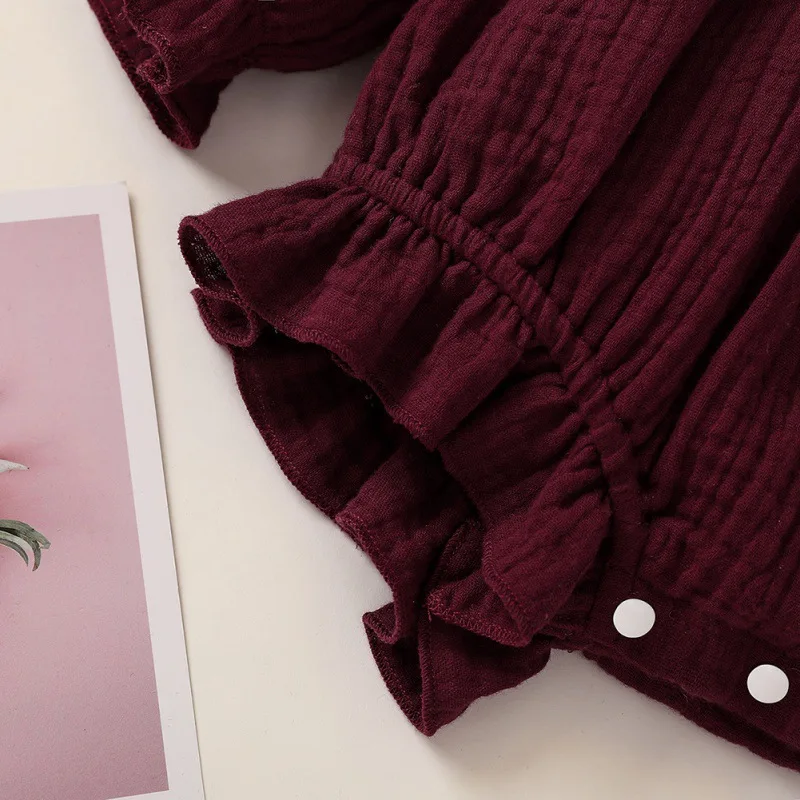 

Spring Baby Girl Cotton Solid Print Linen Romper Newborn Bodysuit Clothes Infant Ruffled Long Sleeved Shorts Jumpsuit+Headband