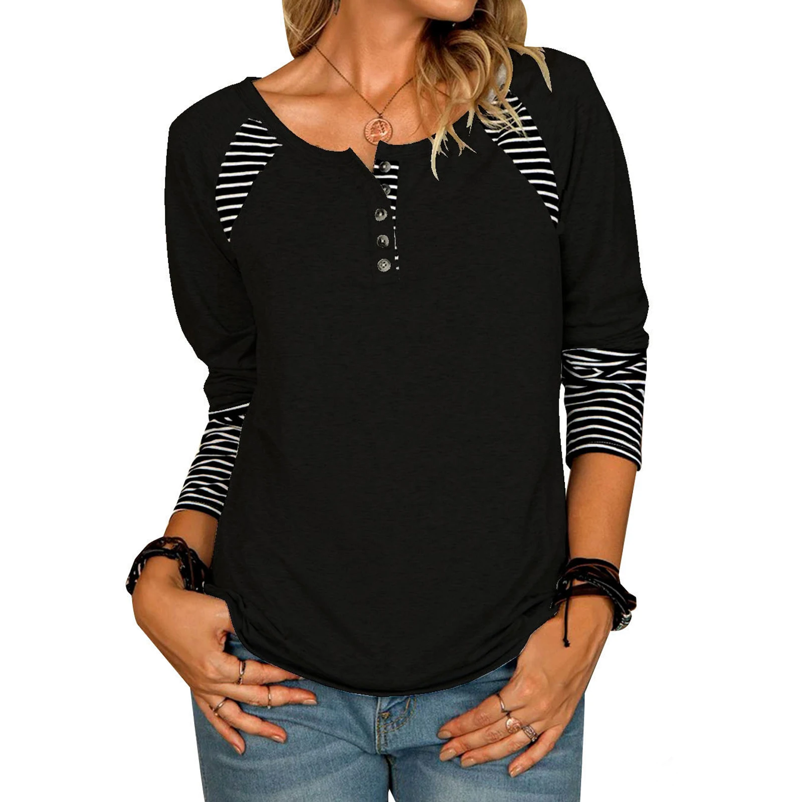 

Women Button-down T-shirt, Adults Casual Striped Long Sleeve Round Neck Pullover
