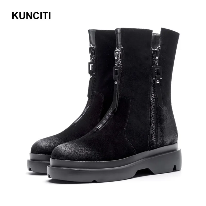 Black Plush In KUNCITI/Брендовые ботильоны в байкерском стиле; женская обувь на молнии; сезон осень-зима; замшевые ботинки-гладиаторы в стиле панк; Новая мода; D9225 - Цвет: Black Plush In