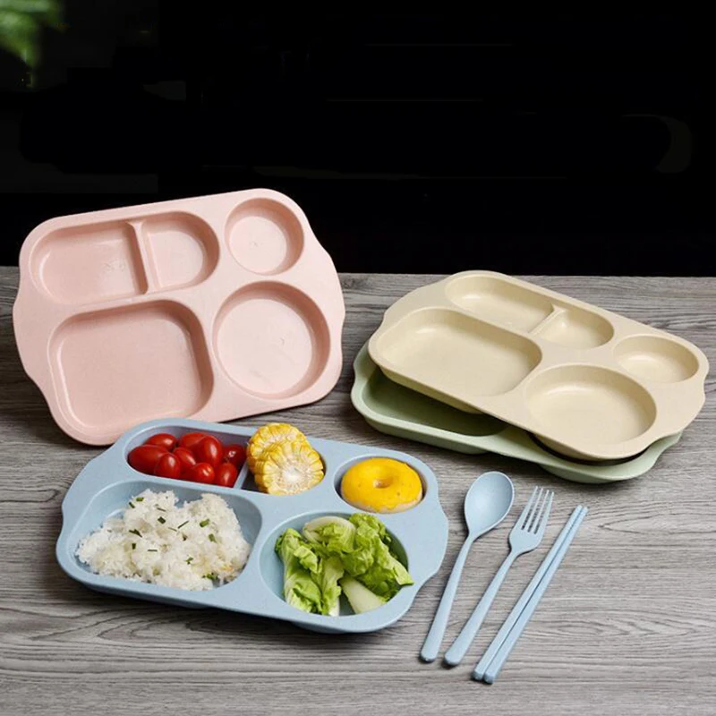 

4Pcs/Set Eco-Friendly Children's Dishes Plates Tableware Set Healthy Wheat Straw Baby Kids Toddlers Food Feeding Dinnerware