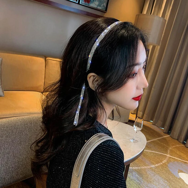 

Korea Style Full Rhinestone Headband for Women Jewelry Long Tassel Crystal Hairbands Wedding Hair Accessories Jewelry Gifts