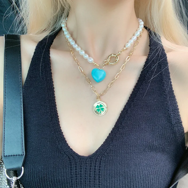 

New Korean Fashion Y2K Necklace for Women Heart Pandent Vintage Design Natural Freshwater Pearl Necklace Women Jewelry Grunge