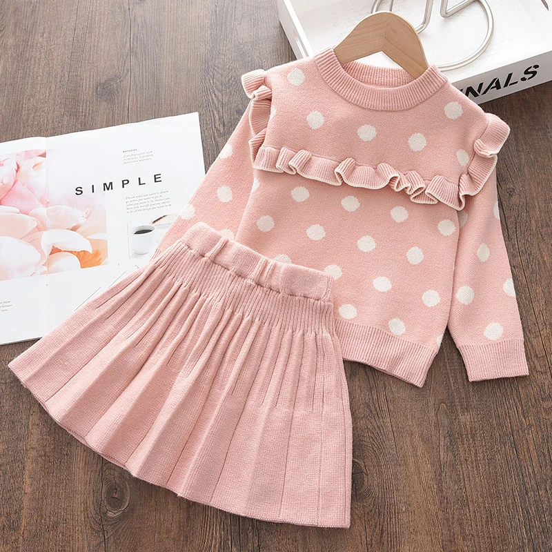 

fashion autumn girl baby polka dot clothing children's sweater and skirt suit 2-piece set of cute knitted clothes for children