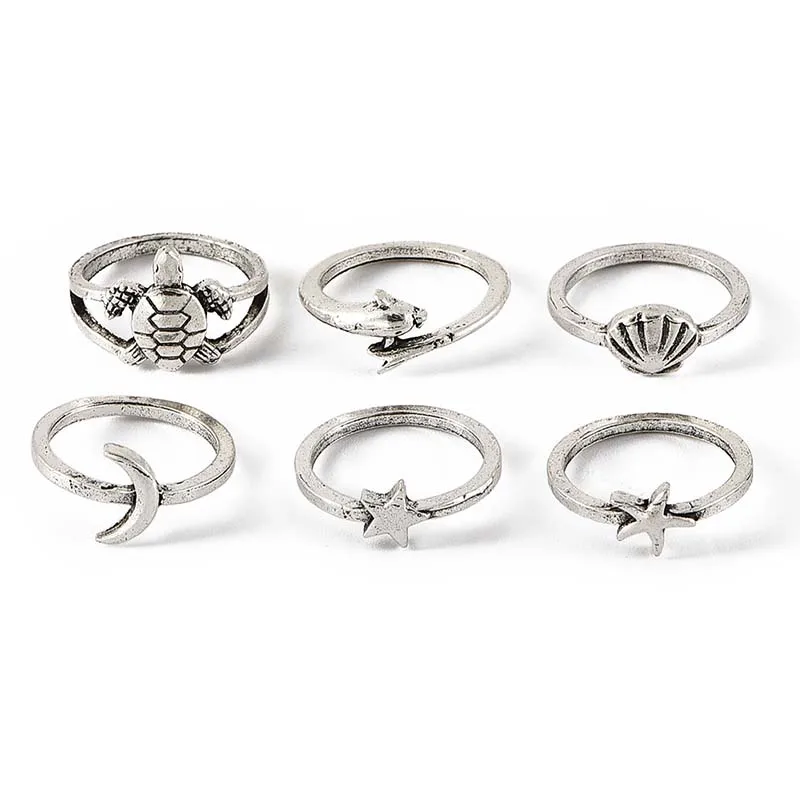 Женское Винтажное кольцо 6 шт./партия серебряного цвета в виде черепахи Луны