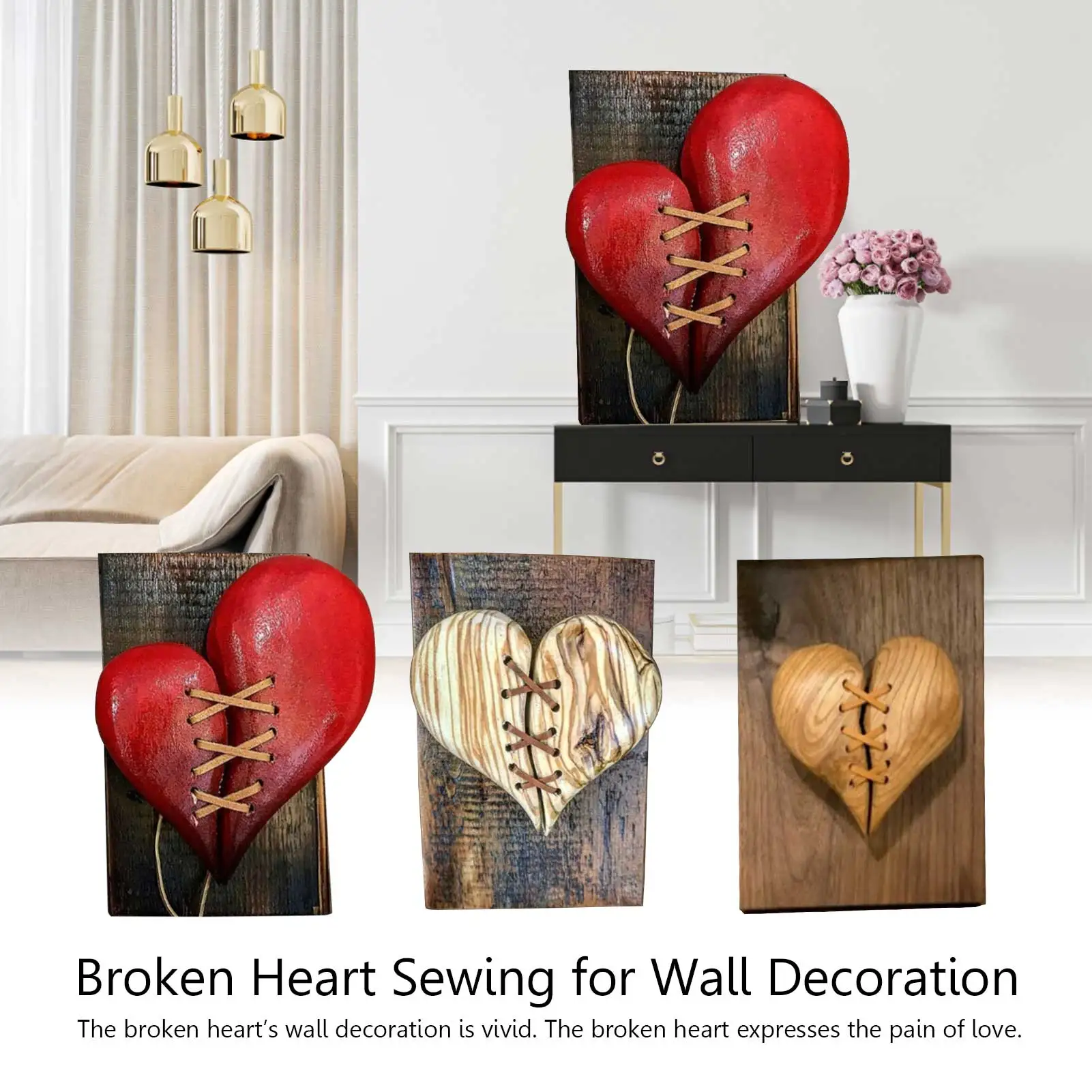 

Wood Broken Heart Carving Ornaments Leather Stitched Wood Sculpture Wall Decor Garden Decoration For Lover Gifts Wall Hanging