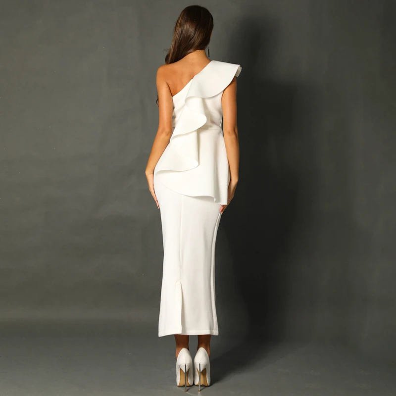 

Red Sleeveless One Shoulder Sexy Women Lady's Newest Party 2019 Ruffle Knee Length Elastic Bodycon Midi Bandage Dress