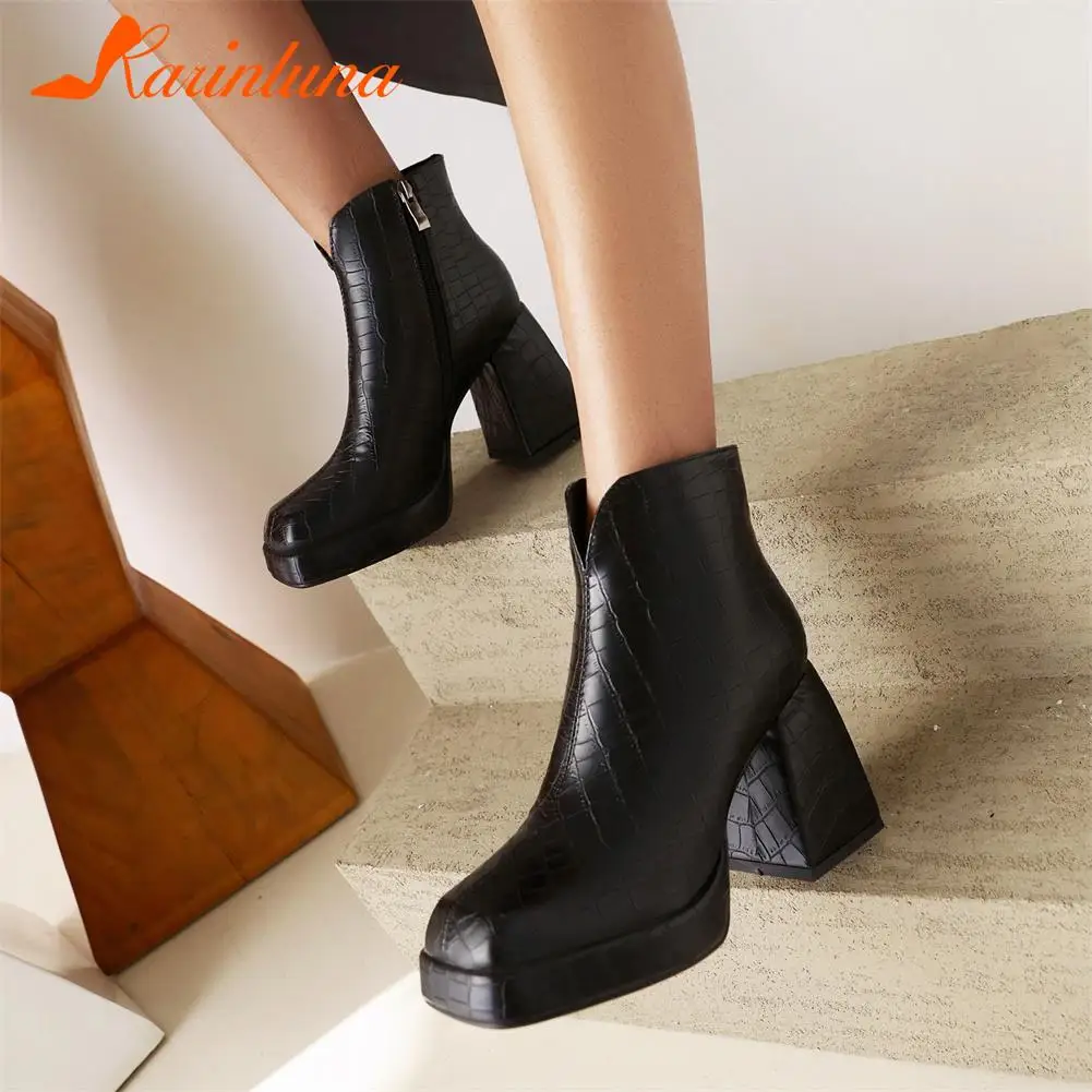 

Женские ботильоны на квадратном каблуке Karinluna, однотонные ботинки на платформе и молнии, большой размер 34-43