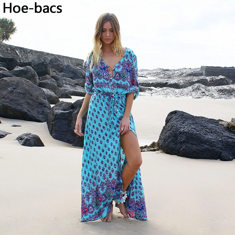 

2020 Summer Women Bohemia Printed Maxi Beach Dress V-neck Bandage Plus Size Dresses Clothes For Lady Hoe-bacs