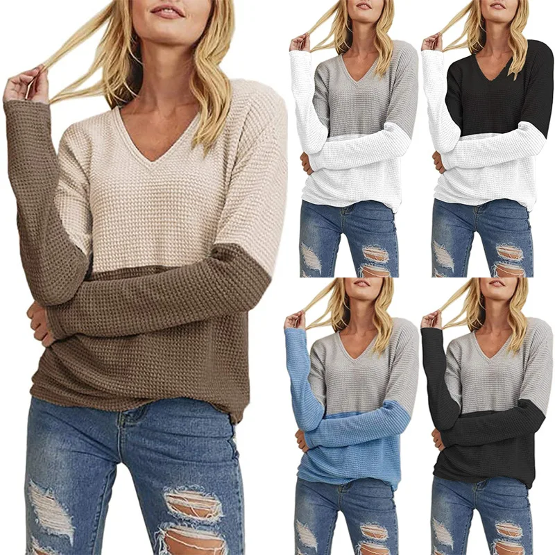 

Women V Neck Patchwork Pullover Sweater Woman Casual Striped Long Sleeve Knitted Sweater Top Winter Elegant Pullover Jumpe