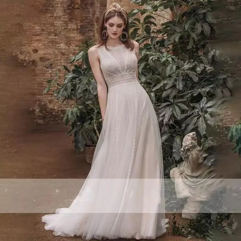 

Bohemian Wedding Dress 2021 Scoop Neck Open Back Beach Lace A Line Tulle Wedding Gown Vestido De Novia Boho Bride Dresses Boda
