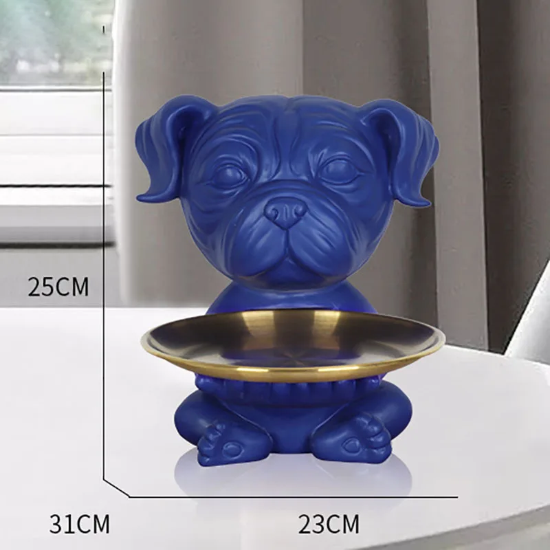 

Blue French Bulldog Statue Bowl Storage Ornaments Golden Tray Animal Organizer Resin Figurine Home Decoration Accessories Modern