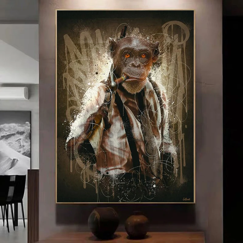 

Modern Graffiti Art Monkey Smoking Cigar Posters and Prints Canvas Paintings Wall Art Pictures for Living Room Decor (No Frame)