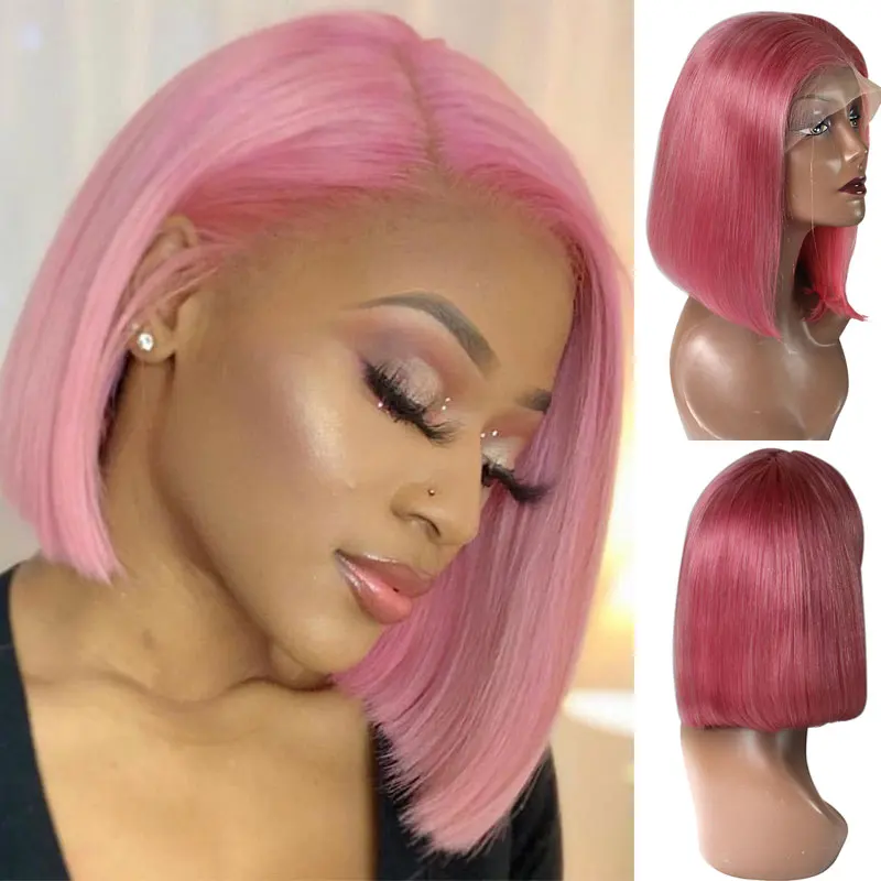 Pink Блондинка красный, розовый и Цветной 13X4 Синтетические волосы на кружеве парики из натуральных волос с Африканской структурой прямо Боб Короткие парики из натуральных волос с Африканской структурой, 613 Синтетические волосы на кружеве парик 150% плотность 9A м - Цвет: Pink