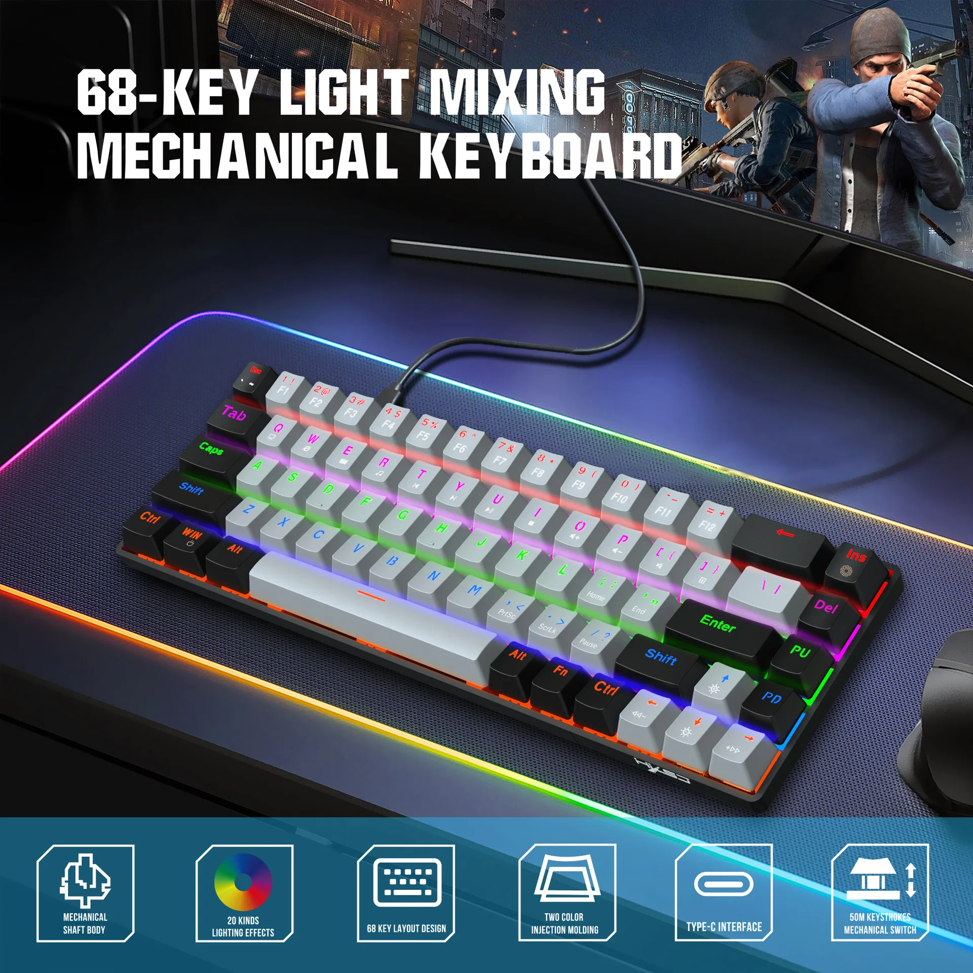 Механическая клавиатура V800, проводная игровая клавиатура с синими и красными осями, 68 клавиш, двухцветная RGB подсветка, Type-C