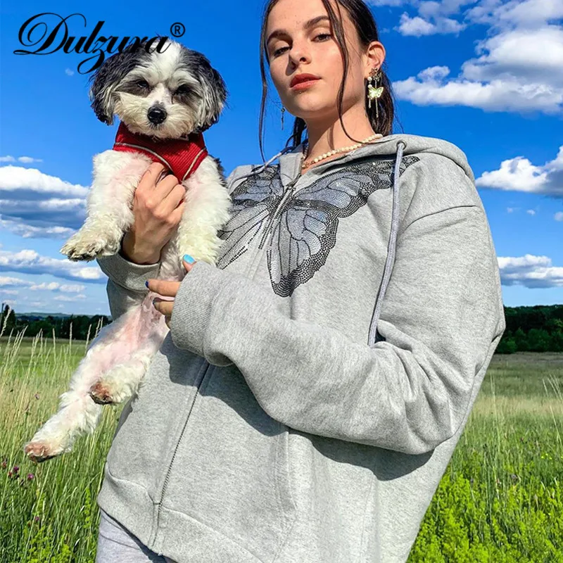 

Женская толстовка с капюшоном Dulzura, серая свободная уличная куртка на молнии с длинным рукавом, модель 2020 на осень и зиму, повседневная верхн...