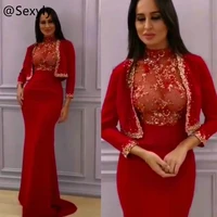 vintage red arabic evening dress with jacket bodice lace mermaid prom dresses high neck elegant satin formal gown robe de soir%c3%a9e