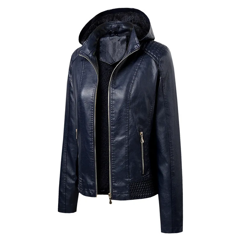 Куртка женская из искусственной кожи короткая с капюшоном и бархатным