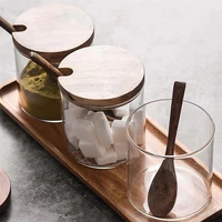 2 pcs household glass seasoning bottles soy jars with spoon and wood lid kitchen storage jar