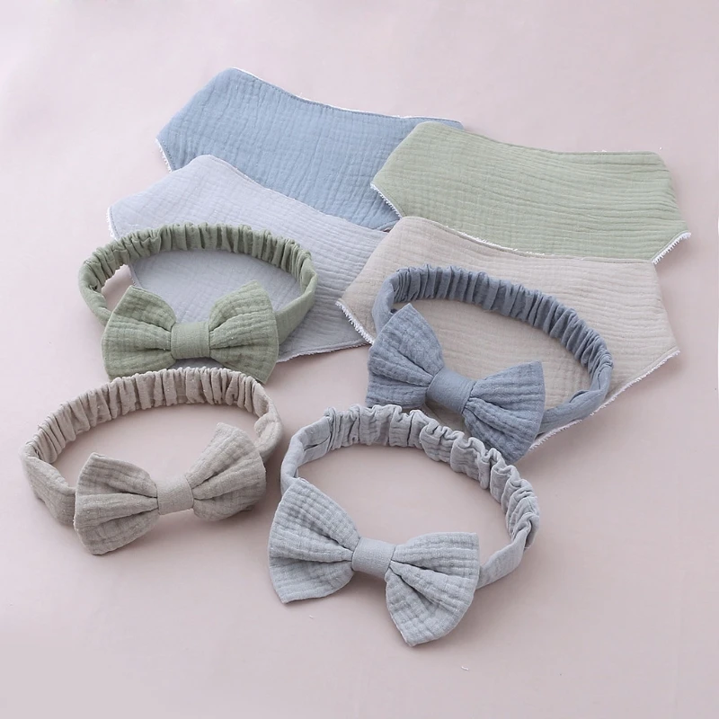 

Baby Elastic Bow Headband Feeding Drool Saliva Towel Kit Princess Bowknot Cotton Hair Band Solid Color Snap Button Bib hot