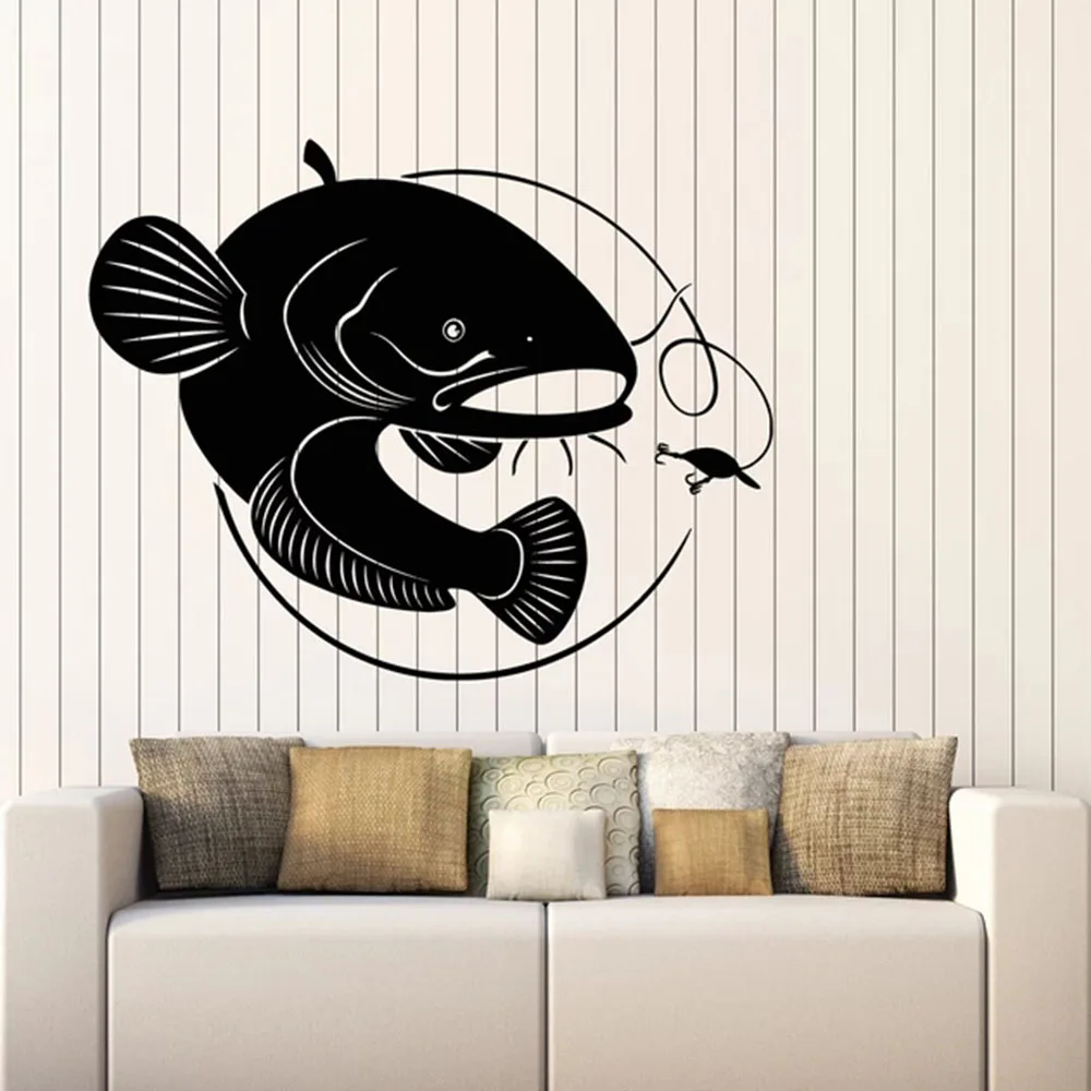 Наклейка на стену в виде сома рыба удочка хобби спальня кухня домашний декор