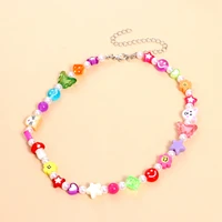 handmade colorful acrylic stars charm necklace for women clay flowers pearl beads clavicle choker necklace gift jewelry