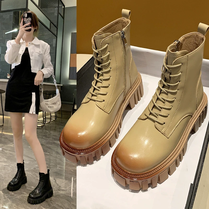 

Brown Black Platform Boots Women Chunky Motorcycle Combat Boots Punk Gothic Shoes 2021 New Fashion PU Leather Ankle Boots Female